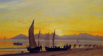  Arco Pintura al %C3%B3leo - Barcos en tierra al atardecer luminismo Albert Bierstadt